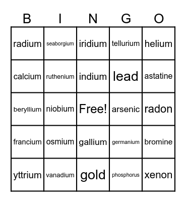 Periodic Table Bingo Card