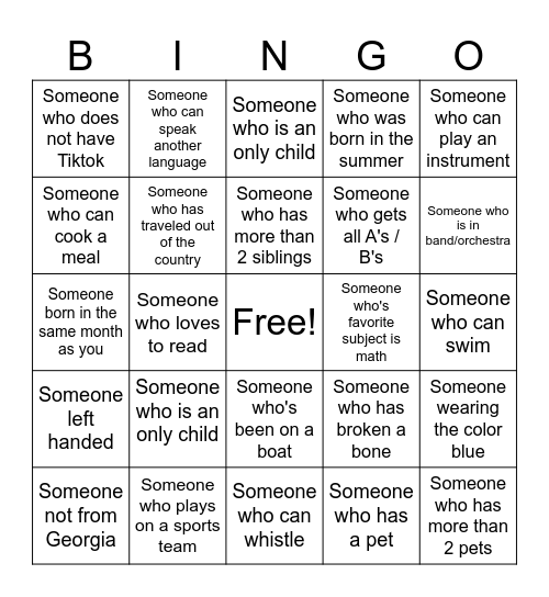 Get To Know You Bingo Card