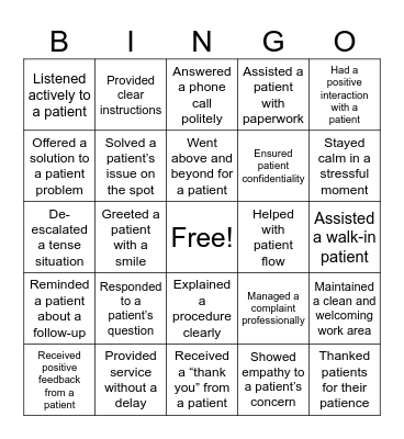 Customer Service Bingo Card