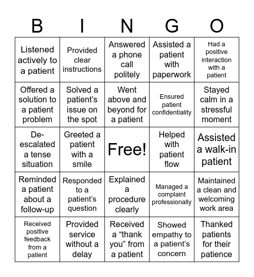 Customer Service Bingo Card