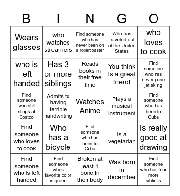 GET TO KNOW YOU Bingo Card