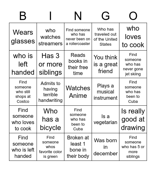 GET TO KNOW YOU Bingo Card