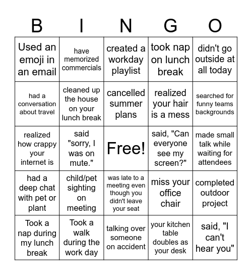 Remote Worker Bingo Card