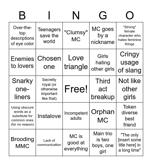 YA Books Bingo Card