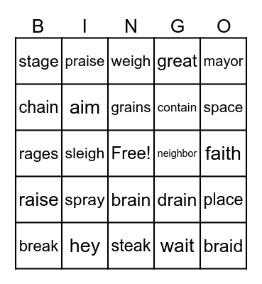 Long a Words Bingo Card