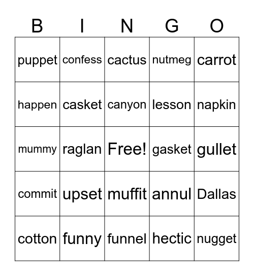 CVC 2 Syllable Words Bingo Card