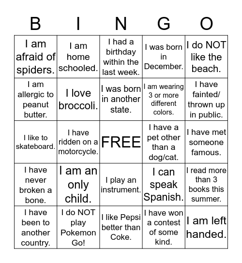 Find A Friend  Bingo Card