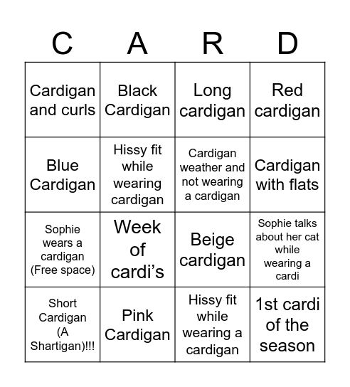 Cardigan Bingo Card