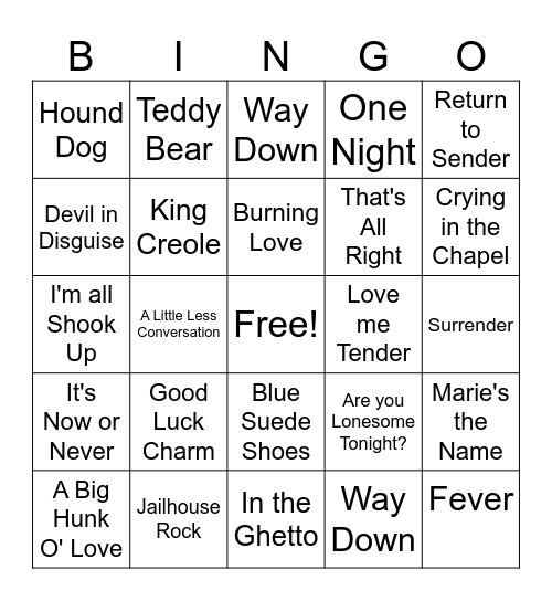 Elvis Presley Bingo Card