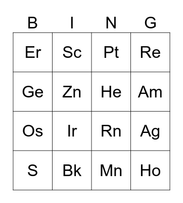 Periodic Table Bingo Card
