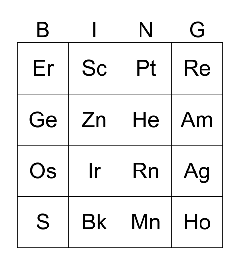 Periodic Table Bingo Card