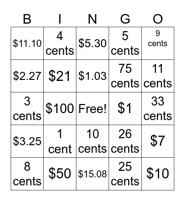 Money Bingo Card