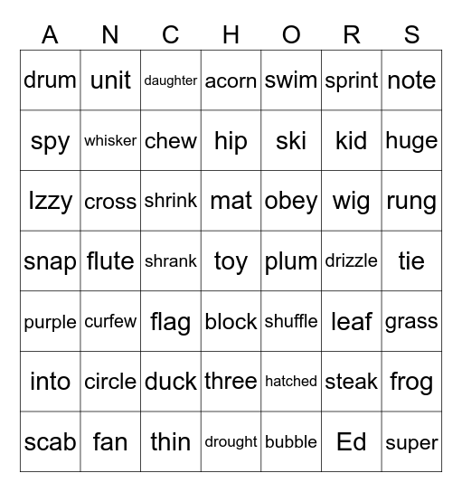 Anchor Words (1-28) Bingo Card