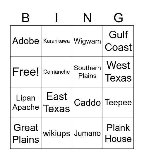 Native American Tribes Bingo Card