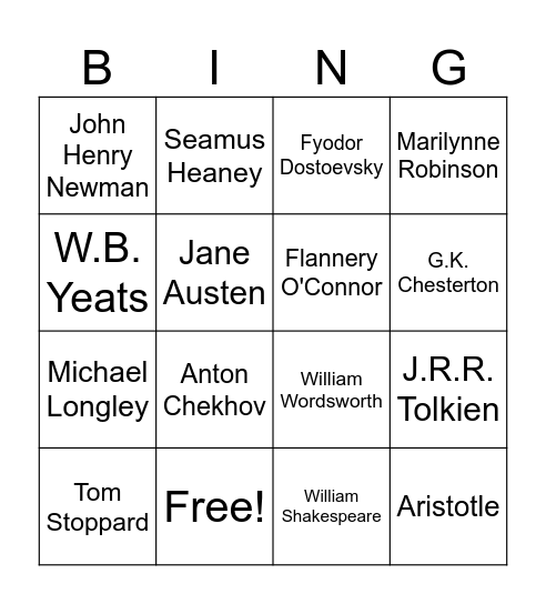 Great Authors Bingo Card