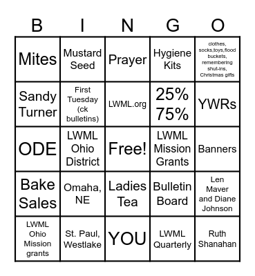 LWML Luncheon  October13, 2024 Bingo Card