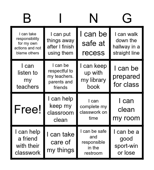 Responsibility Bingo Card