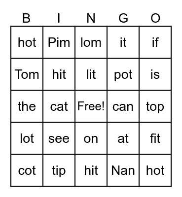 letter sounds /CVC Bingo Card