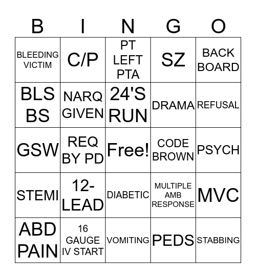 AMBULANCE BINGO Card