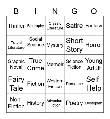 Book Genre Bingo Card