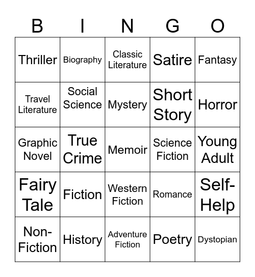 Book Genre Bingo Card