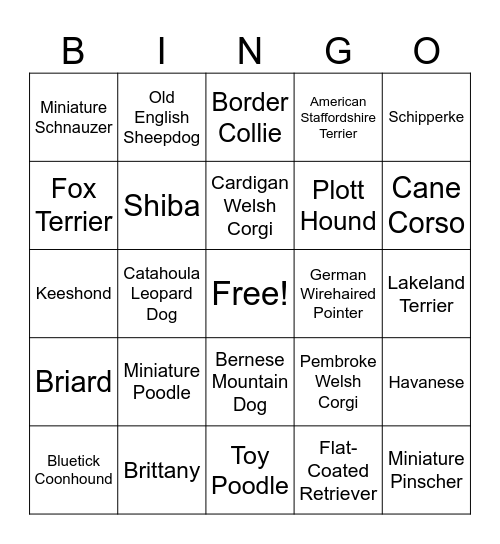 Dog Breeds Bingo Card