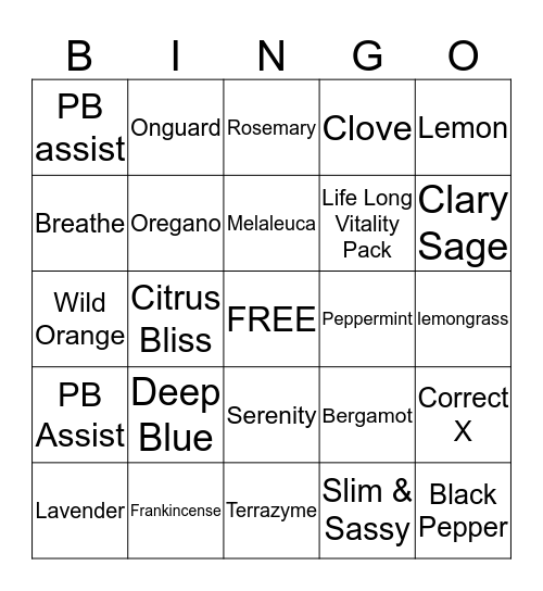 Essential oil Bingo Card