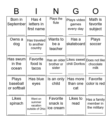 Know Your Class BINGO Card