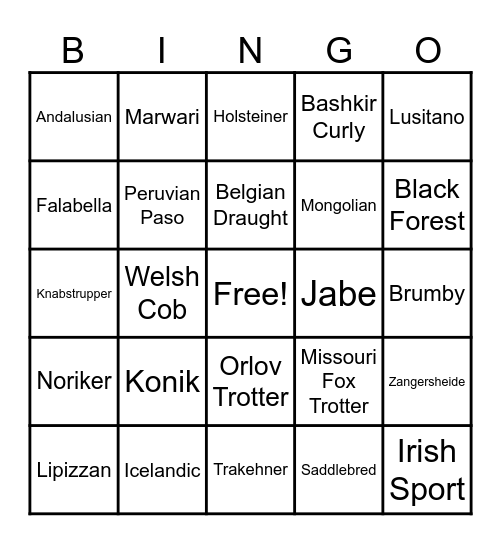 Equine Bingo 2 Bingo Card