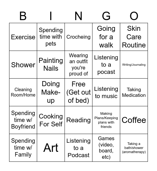 Mental Health Bingo Card