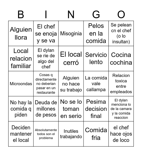 Pesadilla en la cocina BINGO Card