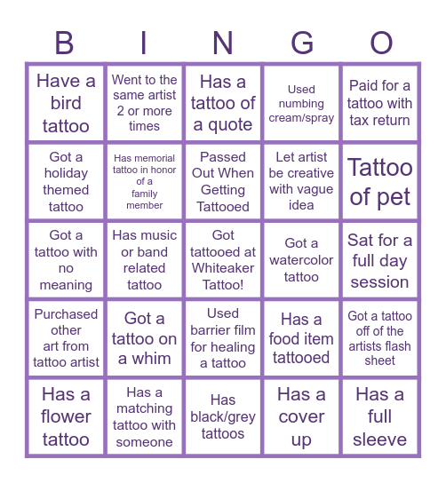 Tattoo Bingo Card