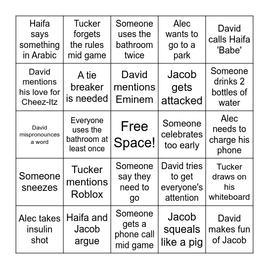 Game Night Bingo Card