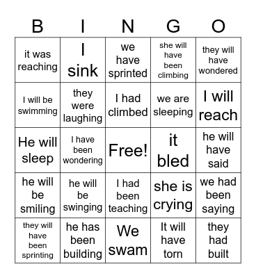 Verb Tenses Bingo Card