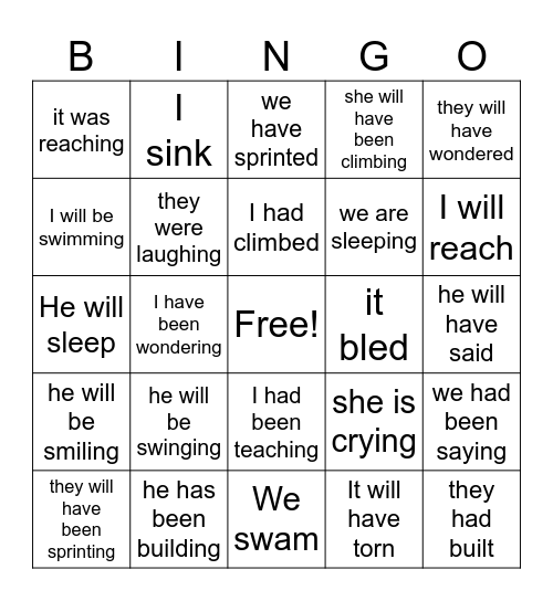 Verb Tenses Bingo Card