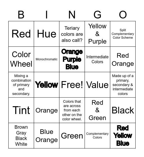 Color Theory Vocabulary Bingo Card