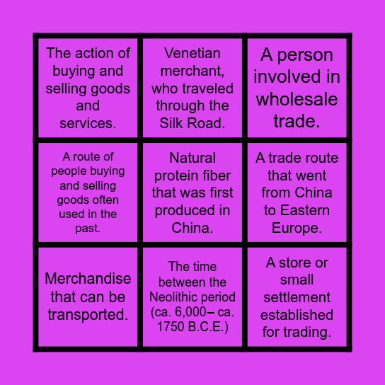 Silk Road Vocab Bingo- Call Sheet Bingo Card