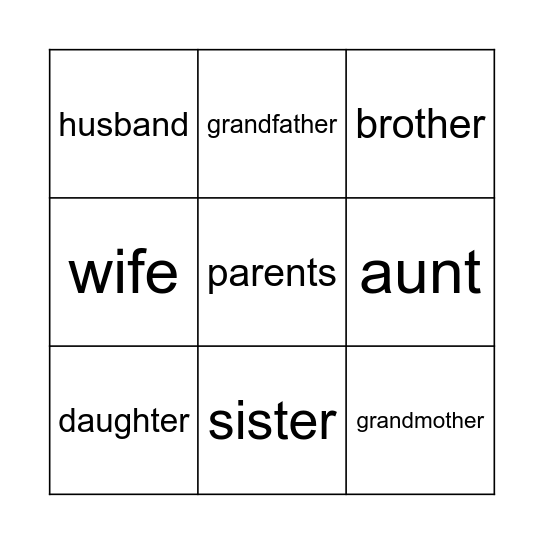 Family Members Bingo Card