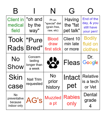 Vet Tech Bingo! Bingo Card