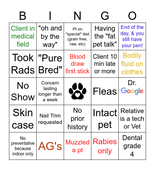 Vet Tech Bingo! Bingo Card