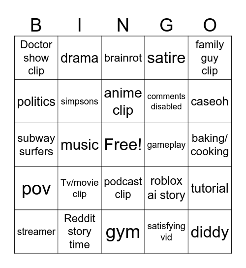 YT SHORTS BINGO Card