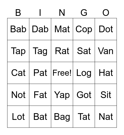 Short A Bingo Card