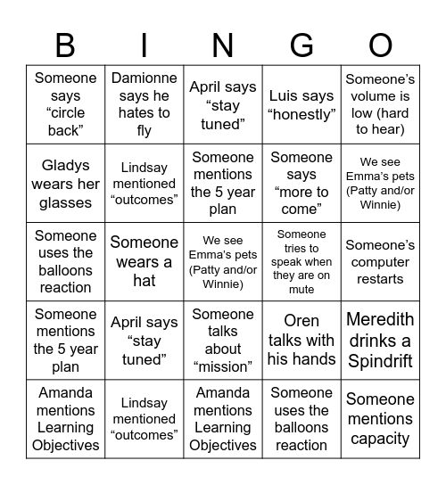 BAE Bingo Card