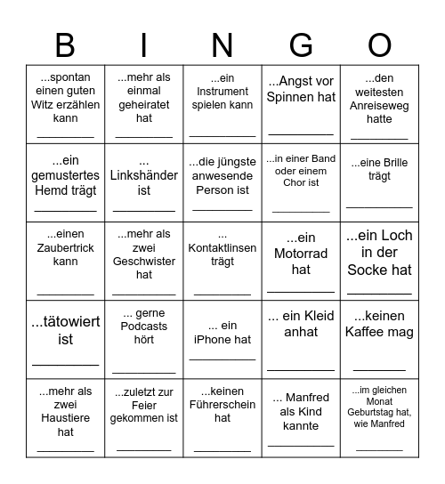 Finde Manfreds Gast, der ... Bingo Card