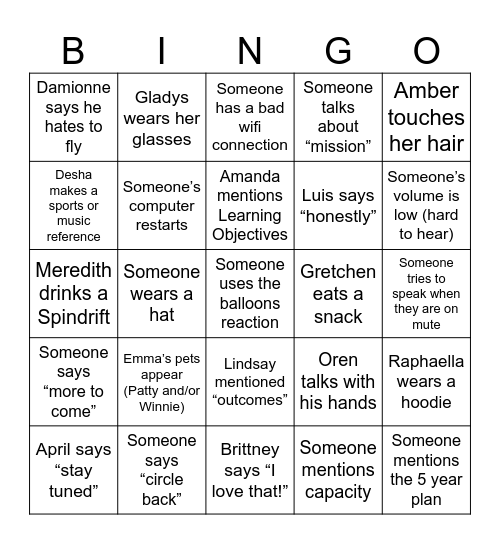 BAE Bingo Card