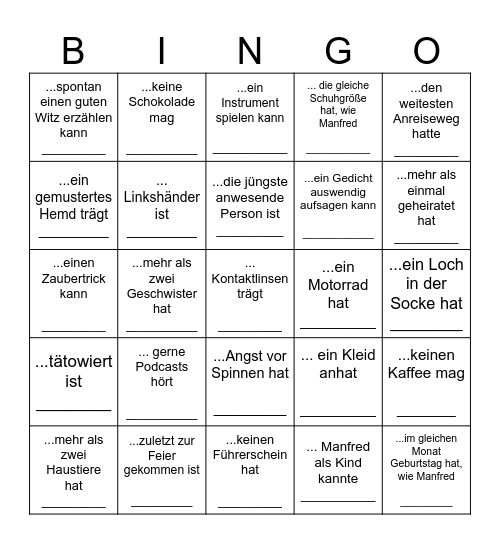 Finde Manfreds Gast, der ... Bingo Card