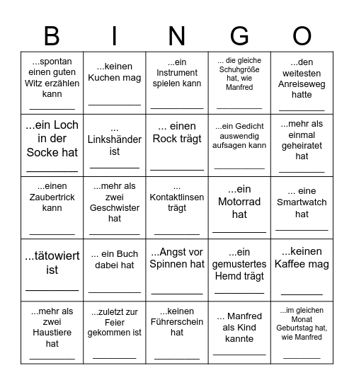 Finde Manfreds Gast, der ... Bingo Card