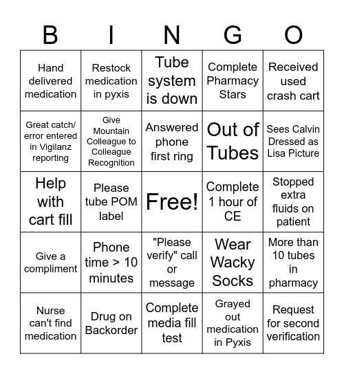 Pharmacy Bingo Card