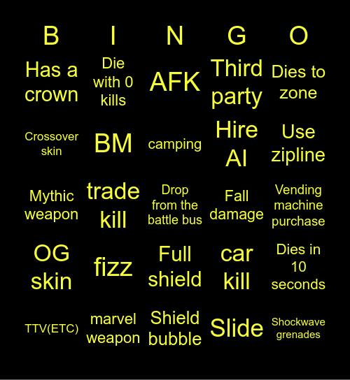 Fortnite Bingo Card