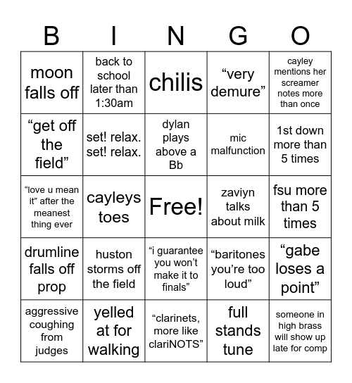 Marching Band Bingo Card